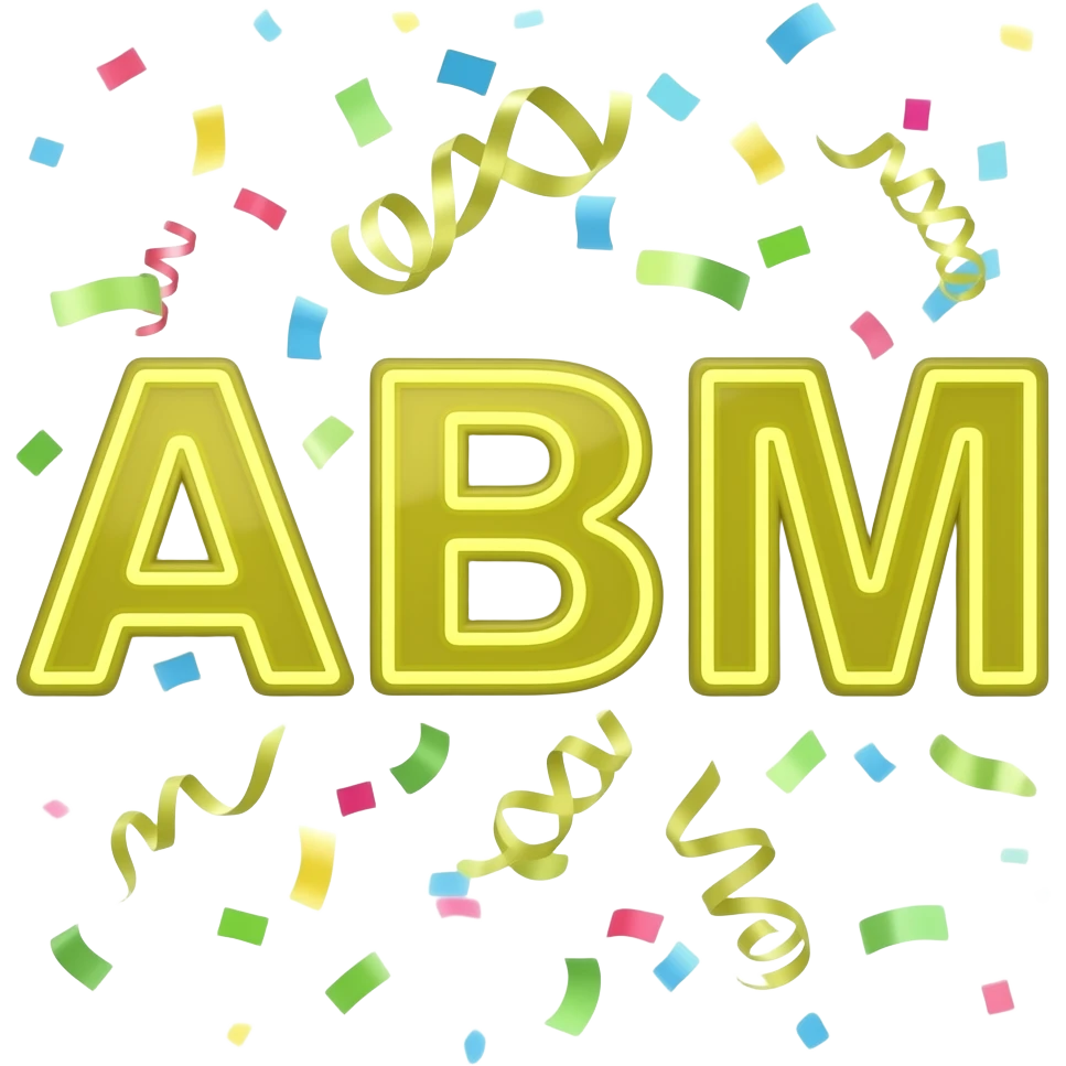 three initials (ABM) that flash neon yellow with raining confetti emoji