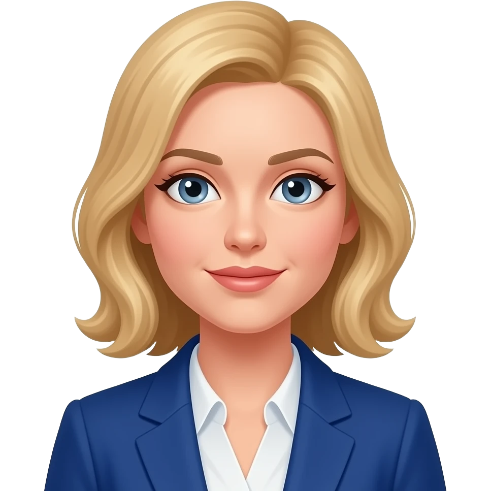 Female, strawberry blonde shoulder length hair, blue-grey eyes, professional blue blazer emoji