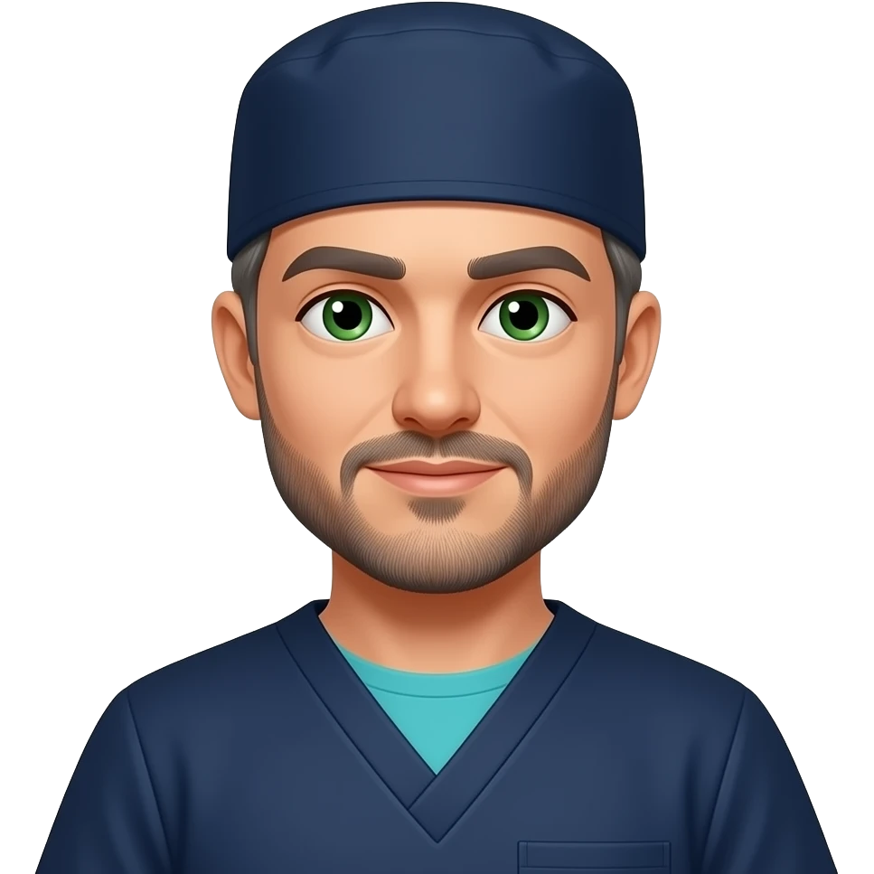 doctor with dark gray hair, beard stubble and green eyes in dark navy scub cap, torquoise shirt with no eyeware emoji