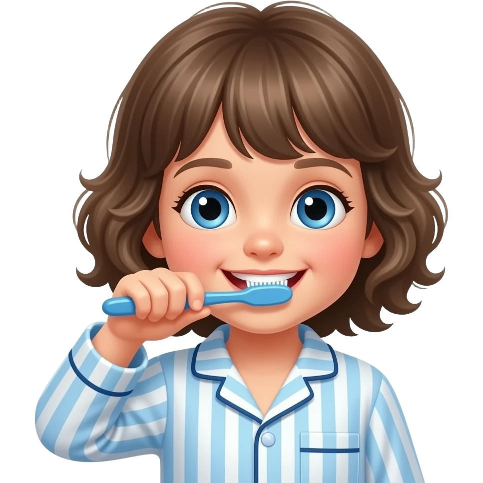 white kid blue eyes mid length hair to her shoulders with bangs soft curly hair to shoulders in color: middle to little darker blond. brushing her teeth in pyjamas emoji