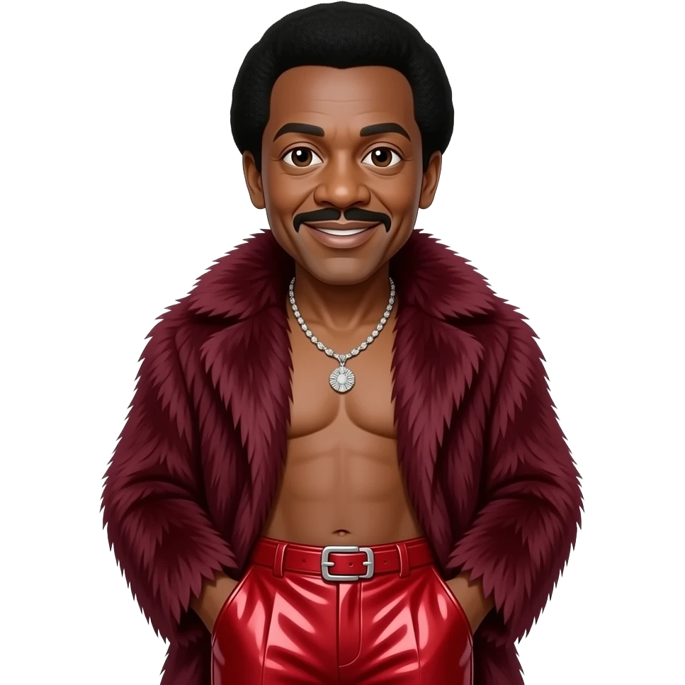 Richard Pryor with dark brown eyes, black hair, maroon fur shawl, crimson chrome baggy pants, shirtless with necklace emoji