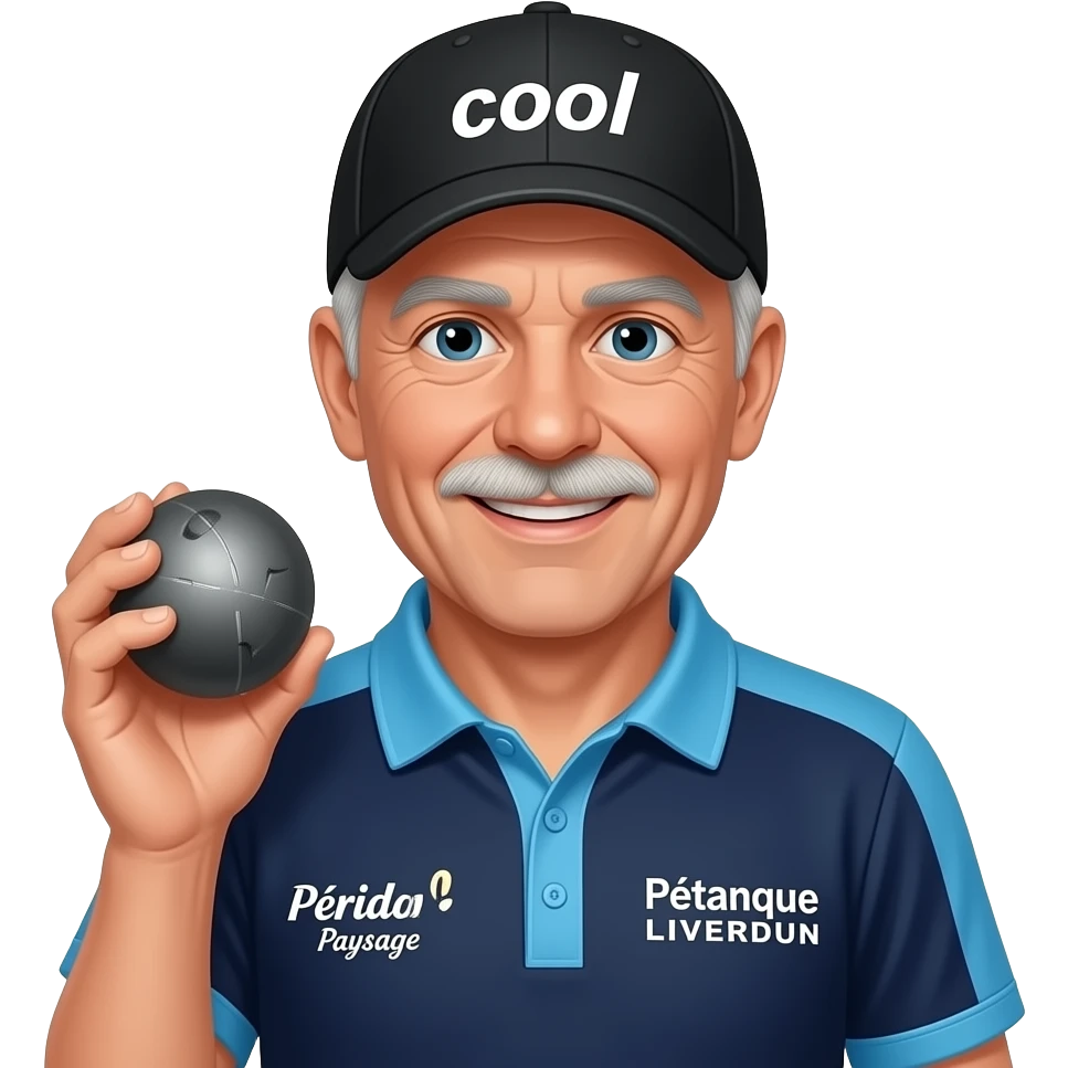 tête homme 70 ans sous casquette noire marquée "cool" avec boule de pétanque grise sur maillot bleu foncé avec col trois boutons bleu clair épaules bleu clair coté droit Pétanque LIVERDUN, côté gauche "Péridon Paysage" emoji