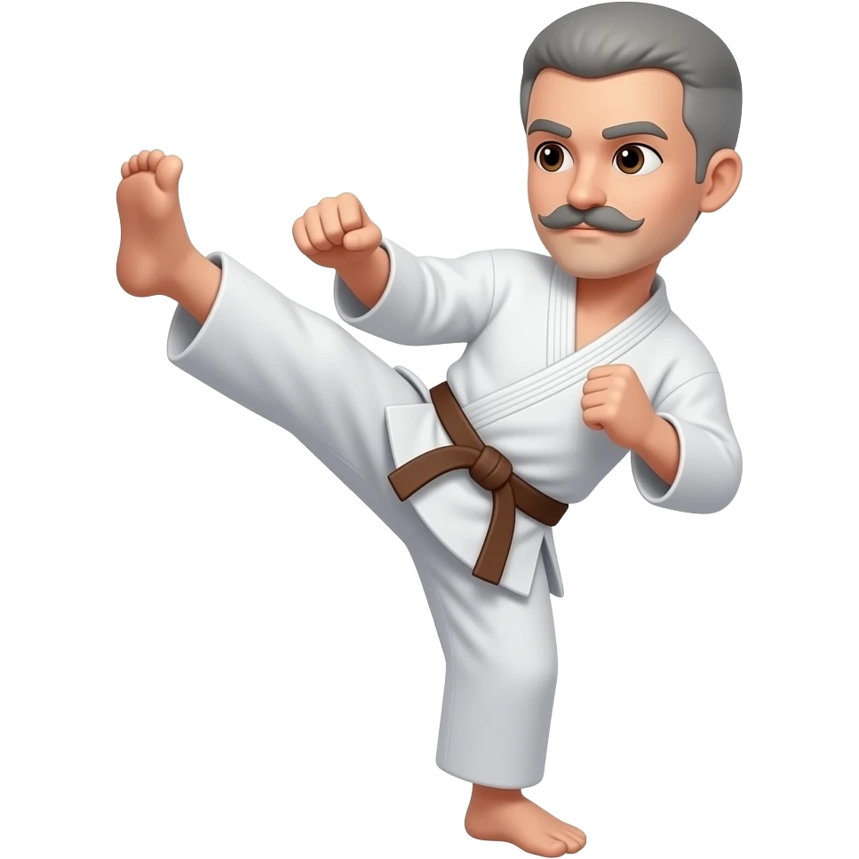 No BEARD,  very SHORT gray hair with a mustache doing a karate kick and brown eyes and Brown Belt emoji