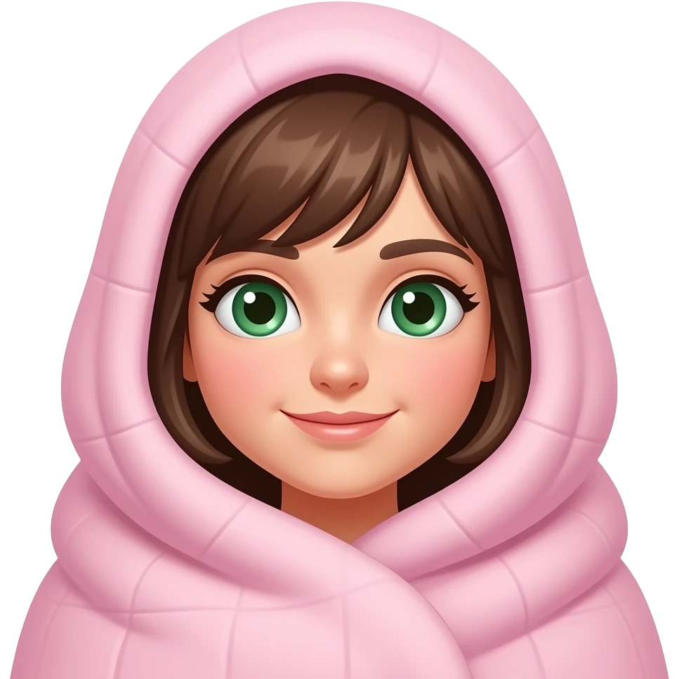 Brown hair green eyes girl covered with pastel pink blanket emoji