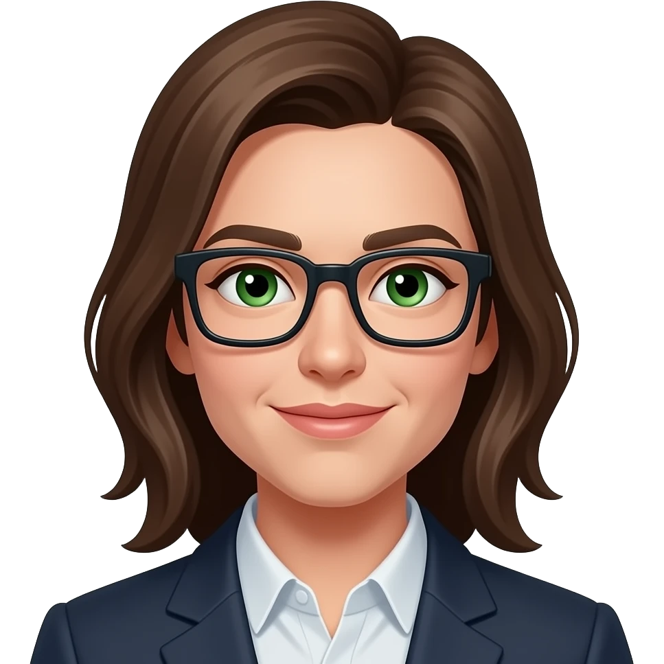 longer brown hair, green eyes and more square black glasses emoji