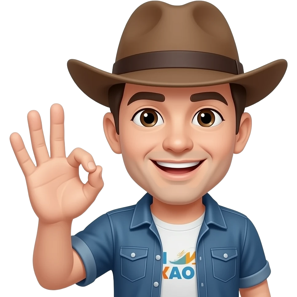 Smiling emoji wearing a hat and making a hand gesture emoji