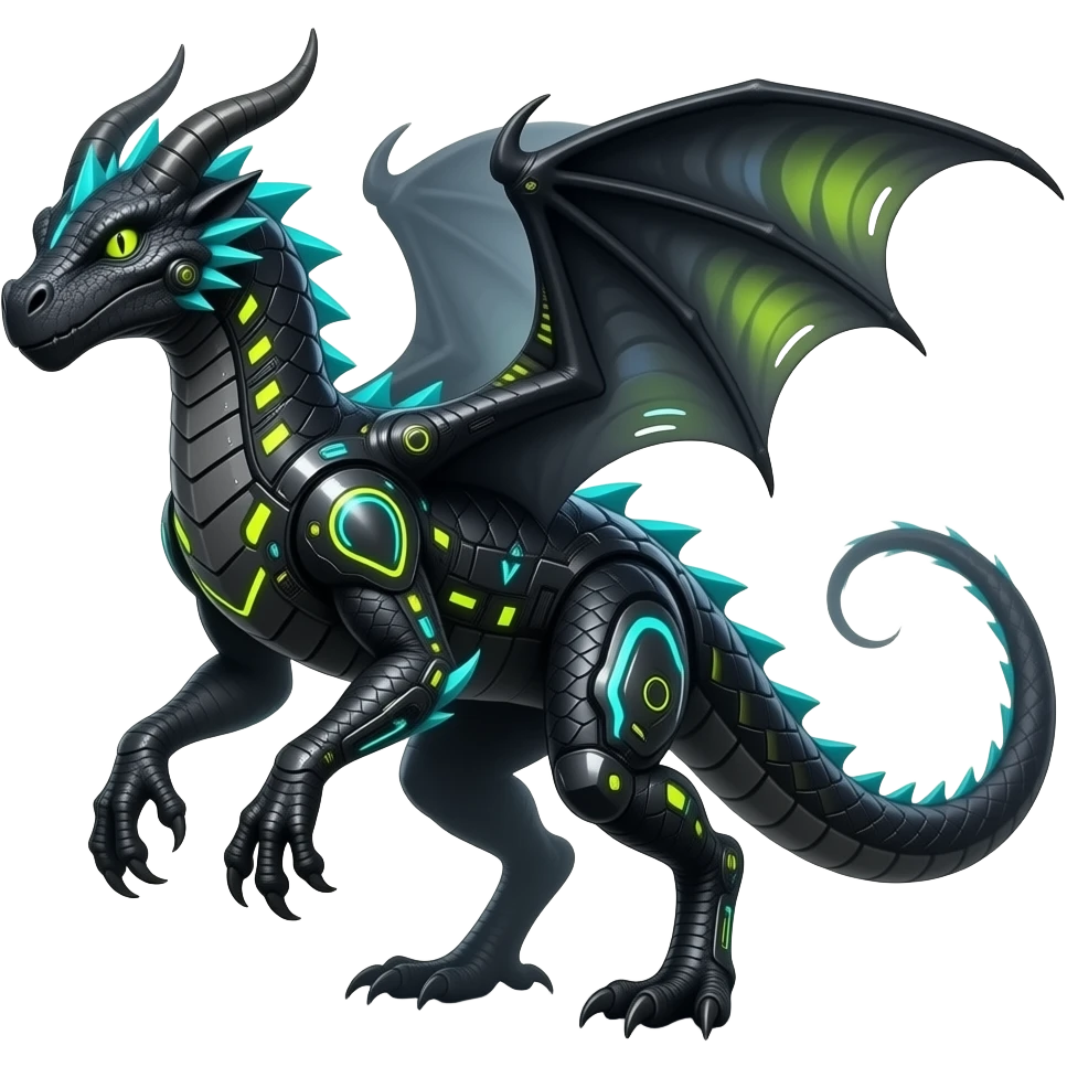Cool edgy horned frilled black-scaled with neon-colored triangular stripe markings draconic raptorik digitigrade bipedal futuristic fantasy-Cyberpunk- emoji