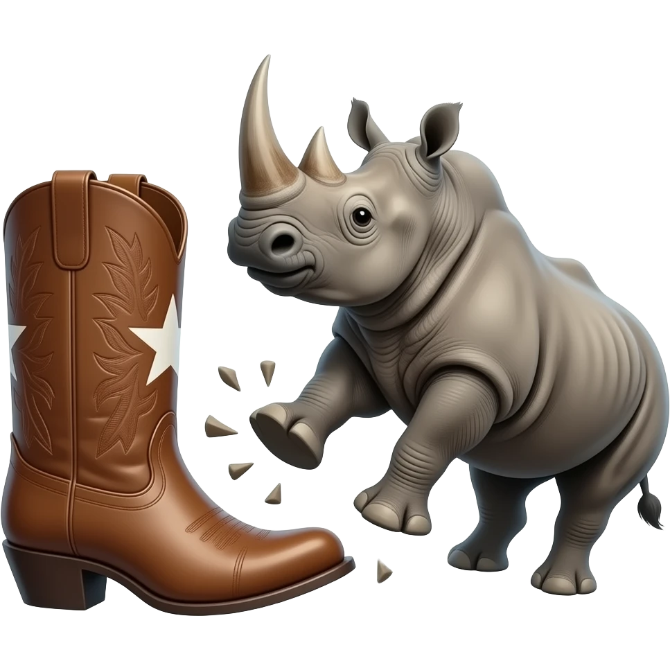 Big texas cowboy boot kicking out a rhino emoji