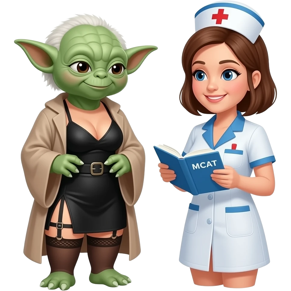 Tall Yoda facing nurse studying Mcat, wearing garter belt and short black dress , large breasts, smiling emoji