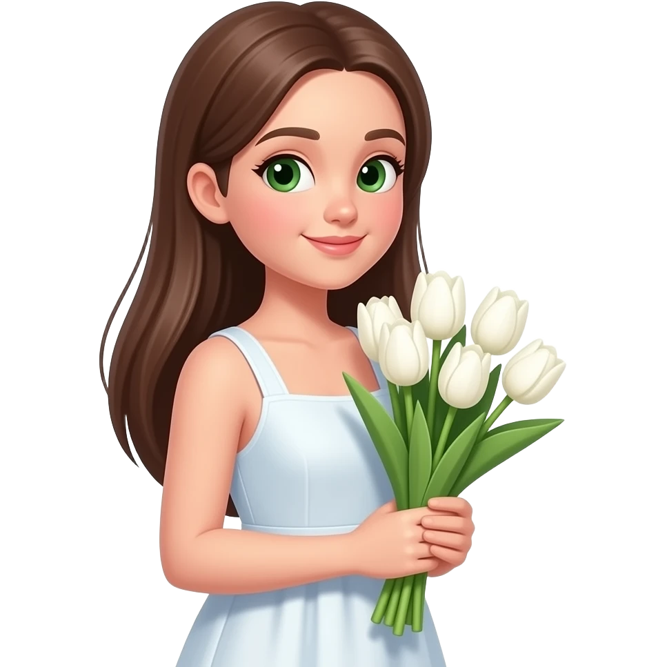 girl in a simple summer dress with long straight brown hair and green small eyes holding a bouquet of white tulips to the side emoji
