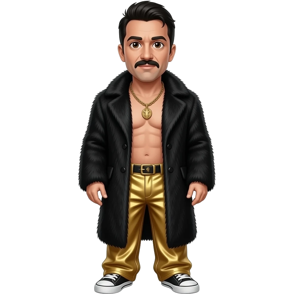 Steve-O with brown eyes, black hair, black fur coat, gold metallic baggy pants, shirtless with necklace emoji