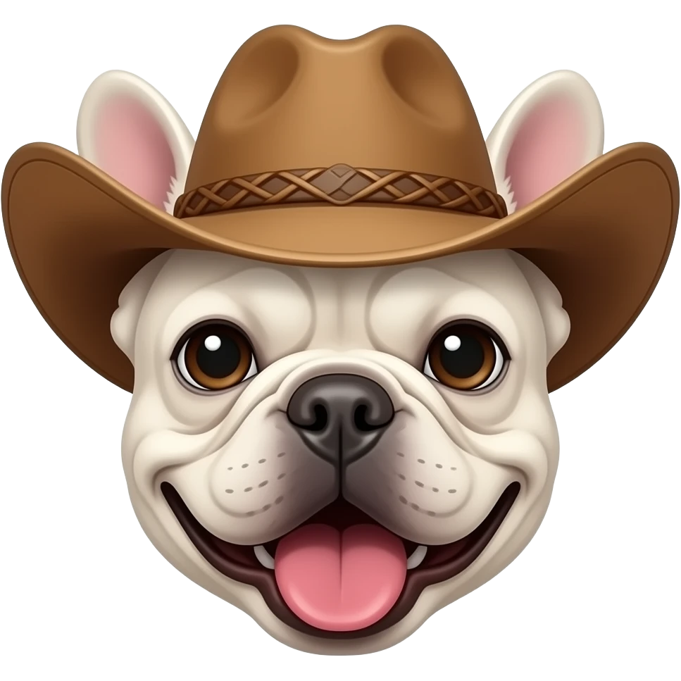 a white french bulldog with a cowboy hat on, just his face, with his tongue out, more realistic emoji