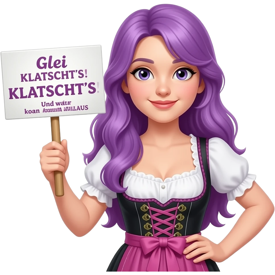 girl with long purple hair wearing a dirndl holding a Glei KLATSCHT'S! Und zwar koan APLLAUS sign emoji