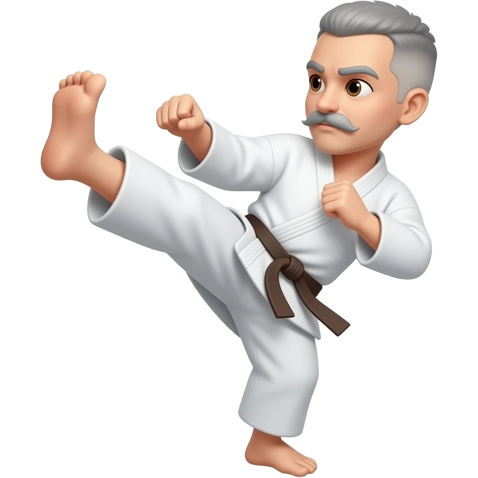 No BEARD,   Very short hair cut gray  with a mustache doing a karate kick and brown eyes and Brown Belt emoji