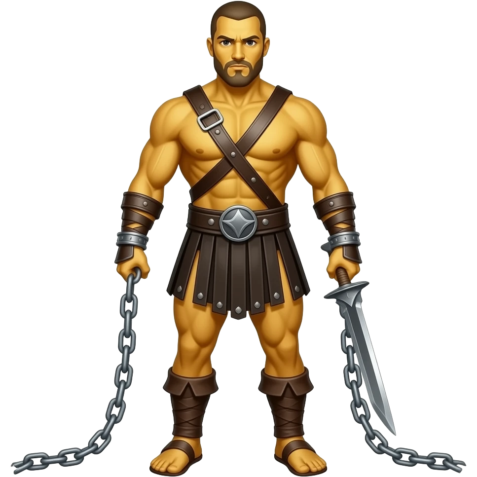 spartacus, minimal, full body, yellow skin, tipical emoji caracter style, more emojis style, more minimal, with weapons, more simplistic, emoji style, shackles on wrist with broken chains emoji
