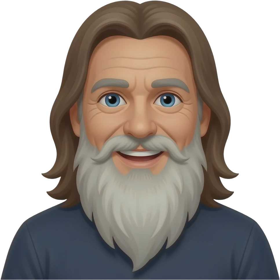 Long brown hair blue eyes long 60 year old big bushy long greyish beard stoner happy with very long hair straight back emoji
