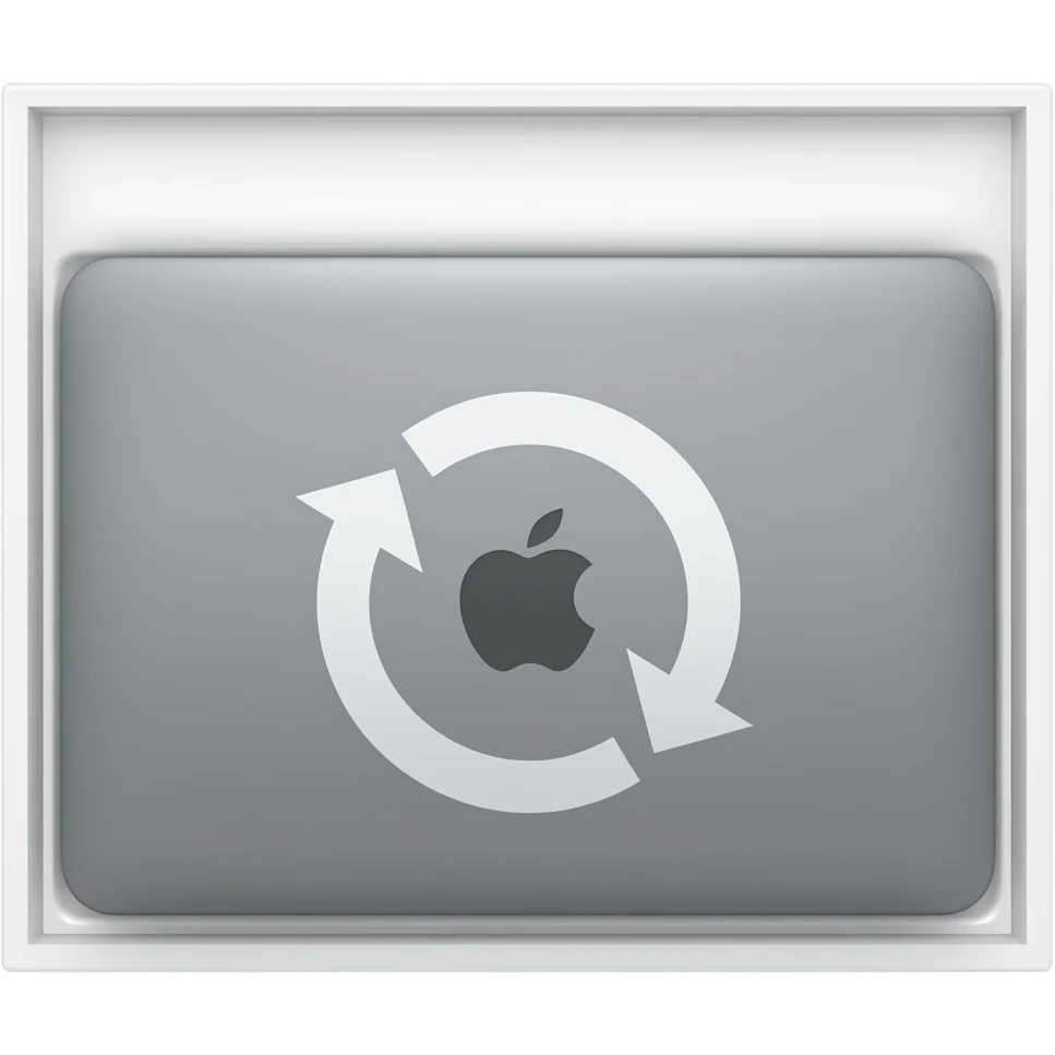 a MacBook Pro inner the box and show the circular arrow. Create the MacBook Pro space gray M5 Pro. apple logo horizontal emoji