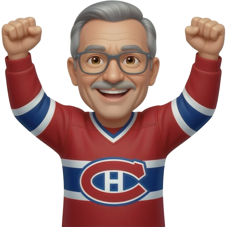 Guy, Brown eyes, without hair, small mustache, under lips pinch, thin gray glasses, 60 years old, Montréal Canadiens, smiling showing teeth, cheering arms up emoji
