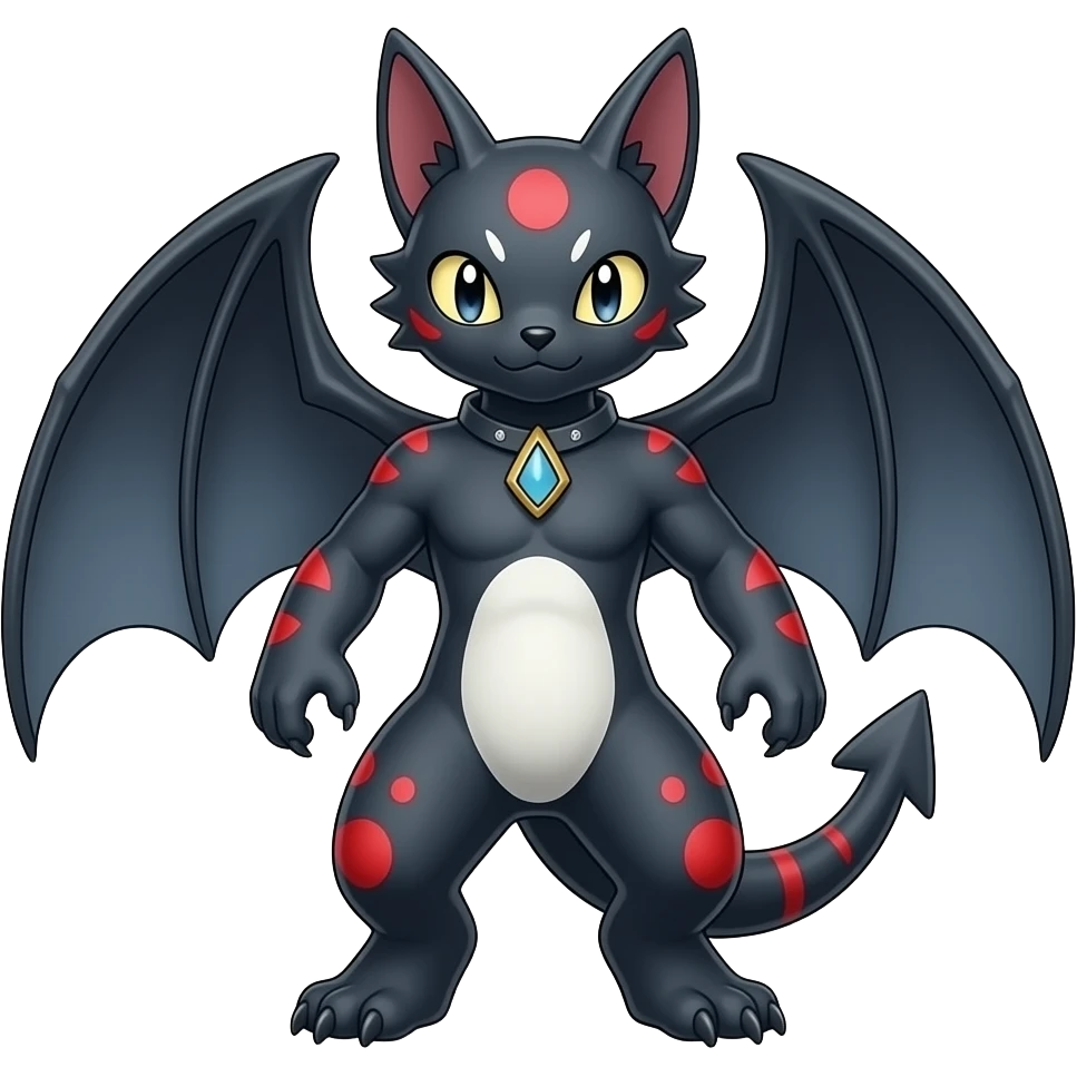 midnight scaly blue-gray-black, with red markings, white belly, scaley Bastet-Salandit-Absol-Umbreon-Litten-Noibat-Digimon-Fakémon-Pokémon-creature (full body), with bat wings, with bat-head-wings emoji