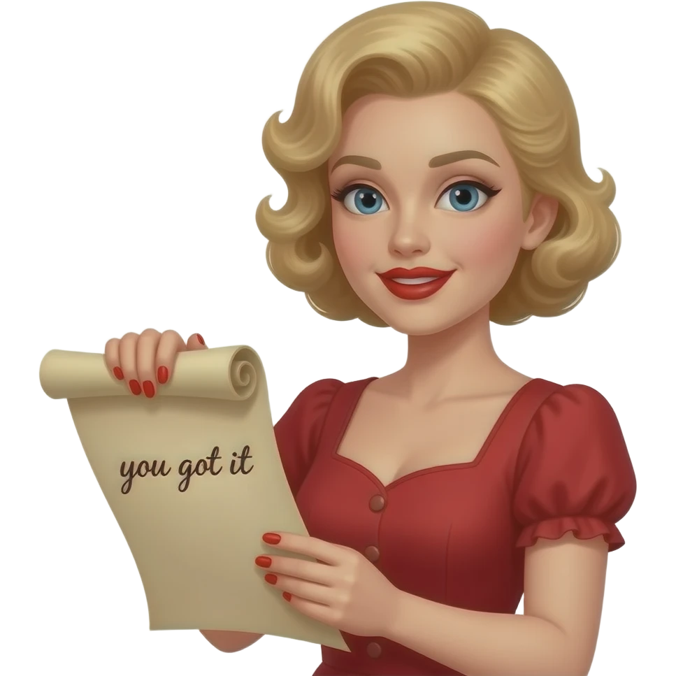 Short blond hair in tight curly side swept Holding an open scroll saying you got it with red nail polish, brown lipstick and red vintage dress emoji