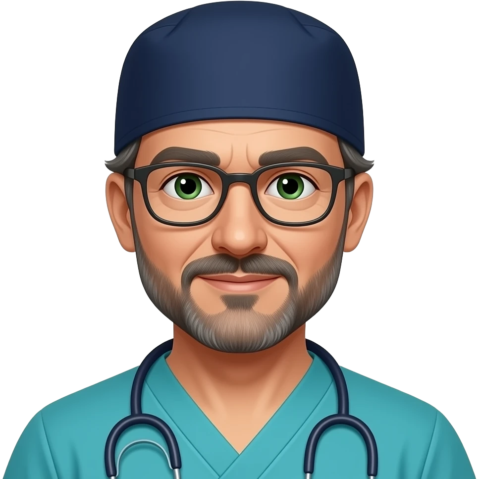middle aged doctor with dark gray hair, beard stubble and green eyes in dark navy scub cap, torquoise scrubs with no eyeware emoji