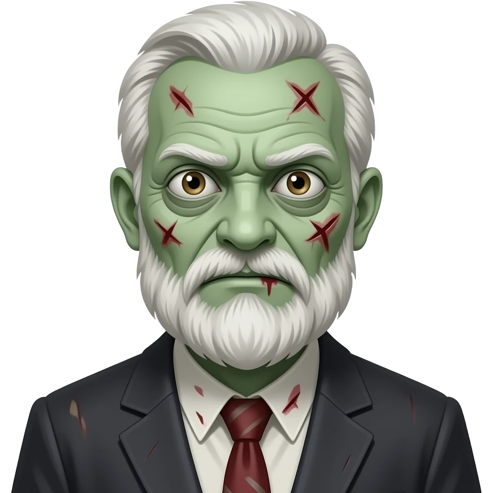 zombie old man with pale green skin, visible wounds, scary expression, dead eyes emoji