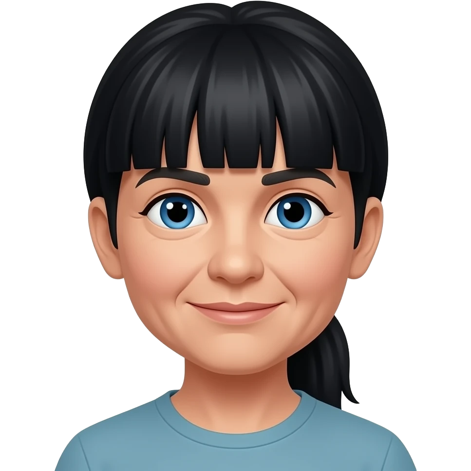 Blue eyes thick bangs ponytail black hair senior citizen emoji