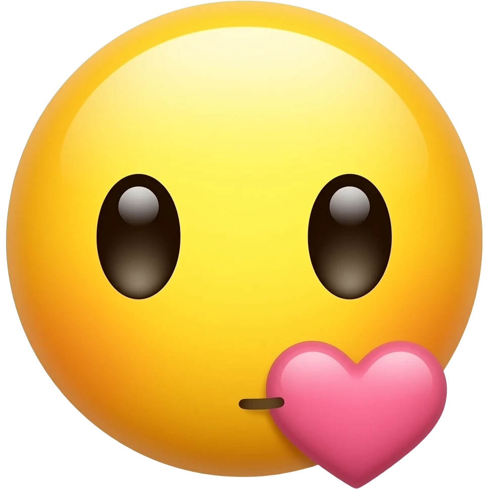 blowing hand kiss emoji, simple yellow face, blowing hand, pink heart emoji