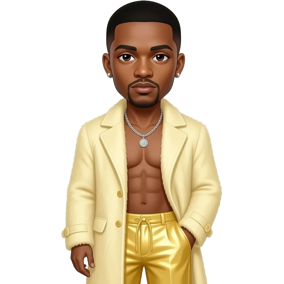 Usher with dark brown eyes, black buzz cut hair, light yellow fur coat, light yellow metallic baggy pants, shirtless with necklace and earrings emoji