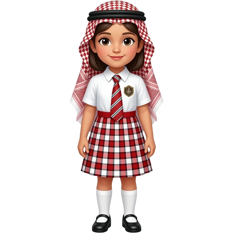 اريد طفلة ترتدي ملابس مدرسة بلون الاحمر والابيض مخطط رجاء مربعات مثل ملابس المدرسة في البحرين بالكامل مثل الفستان مع قميص  وهيه واقفة وهيه بعمر اصغر وملابسة طويلة emoji