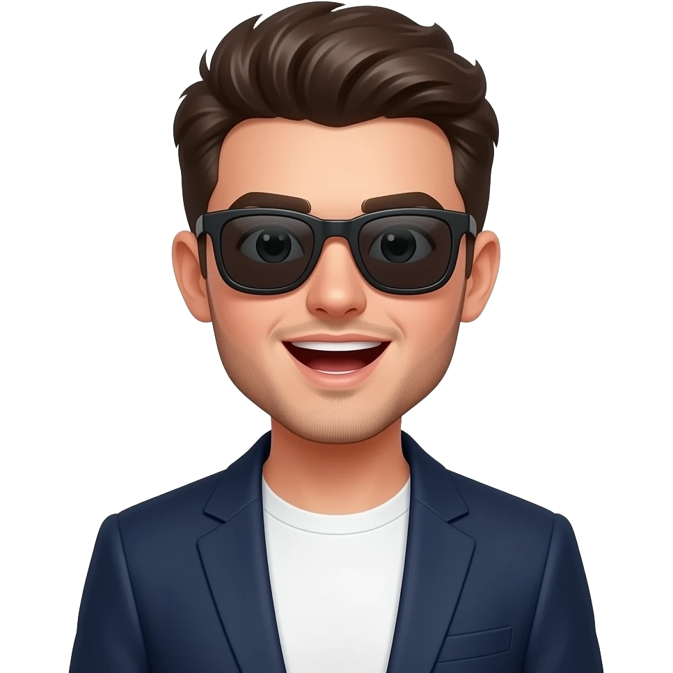 cute young man with completely dark sunglasses in white tshirt and navy blazer, his mouth is opened, eyes small, face round, short neck, little beard stubbles emoji