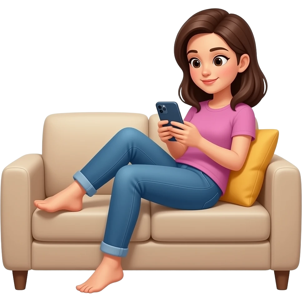 Woman scrolling phone on couch lazy emoji