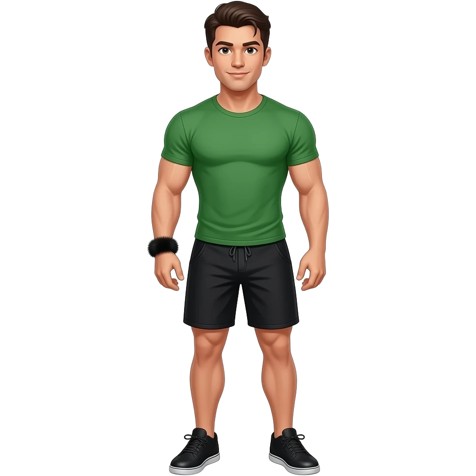 muscular jock with dark brown hair, combed back, wearing a green t-shirt, black shorts, black shoes and a thin bracelet made of black fur emoji