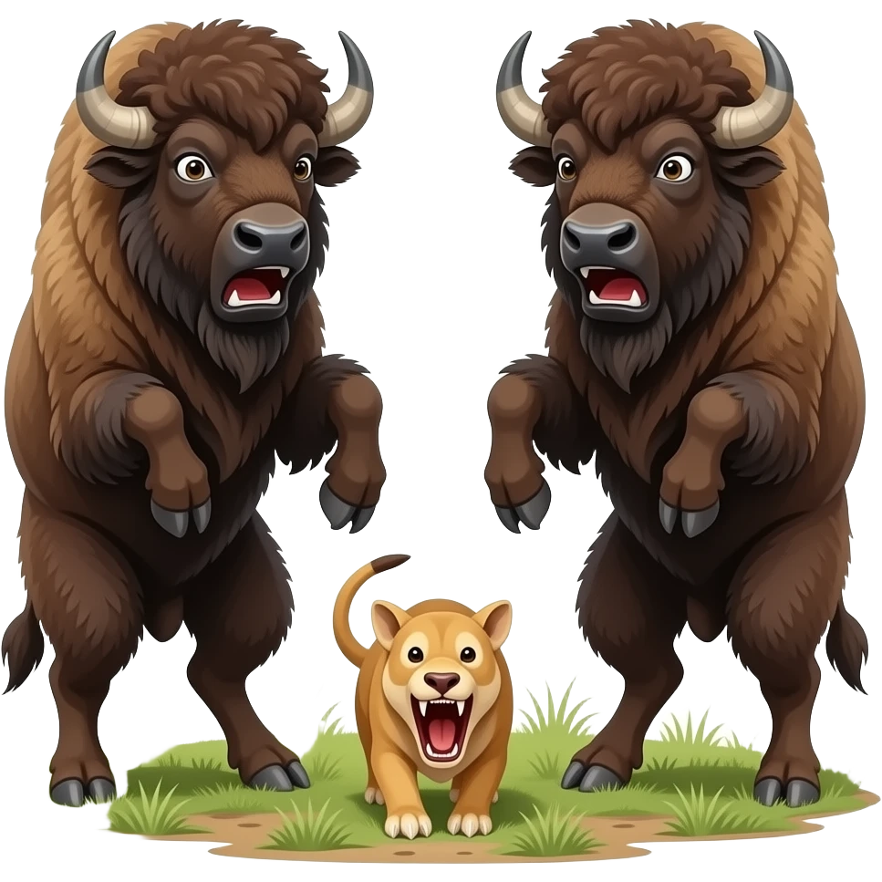 2 bison stand on 2 legs in fright and ready to run away from smilodon roaring in the bush emoji