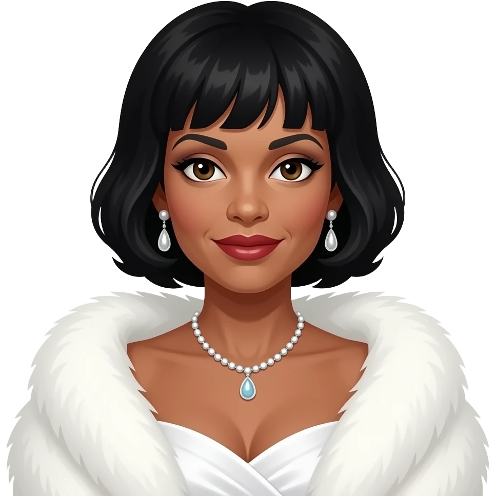 Eartha Kitt with dark brown eyes, black hair, white fur shawl, white dress, necklace and earrings emoji