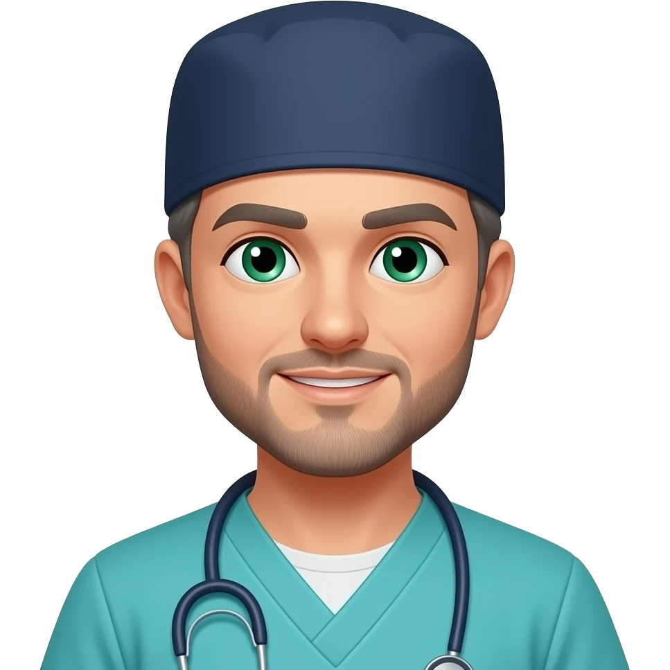 doctor with dark gray hair, beard stubble and green eyes in dark navy scub cap, torquoise scrubs with no eyeware emoji