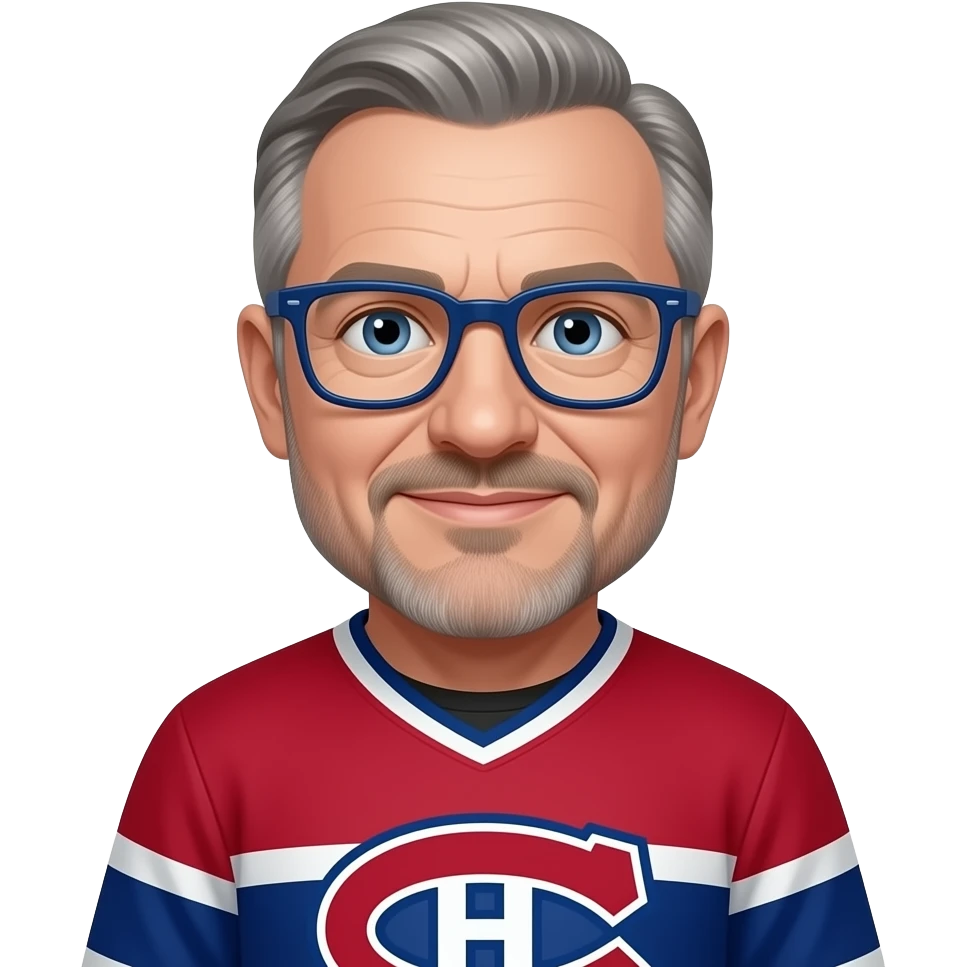 Homme, yeux bleu gris, chauve, pintch, lunettes bleu marine, 50 ans, Canadiens de Montréal emoji