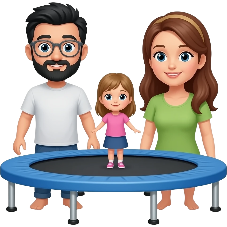 a man with black hair and a black beard with a woman with long brown hair and a little girl with long light brown hair on a trampoline in a home emoji