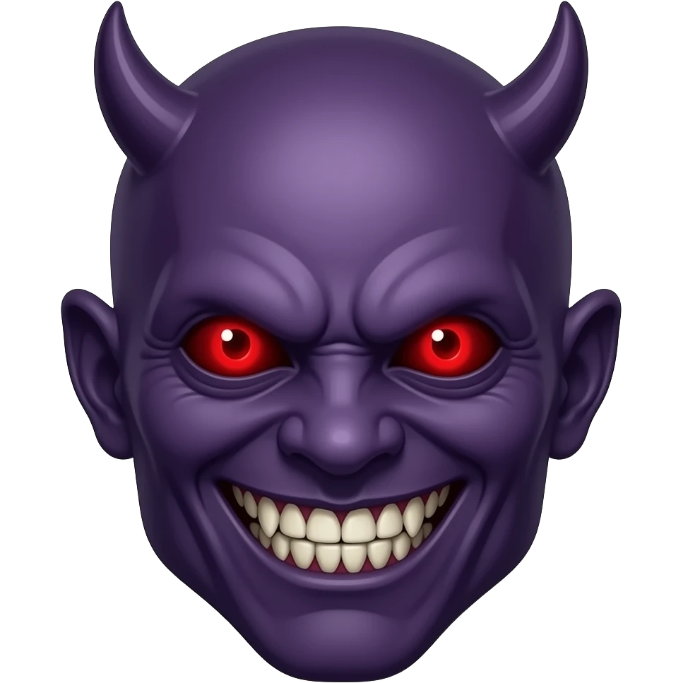 Creepy demon, glowing red eyes, sinister grin, sharp teeth, dark purple ...