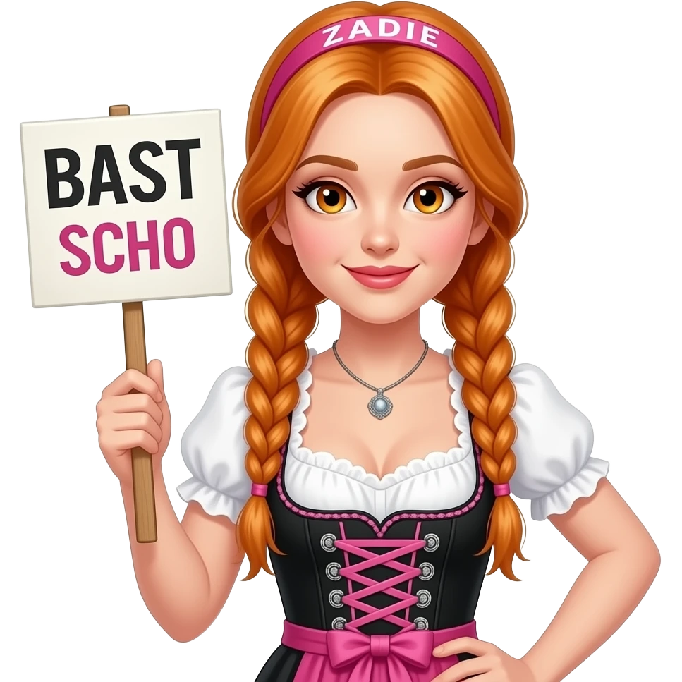 sexy girl with overlong ginger braids and ginger eyes wearing a black pink dirndl and a pink headband with ZADIE written on it, is holding a sign with BASST SCHO written on it emoji