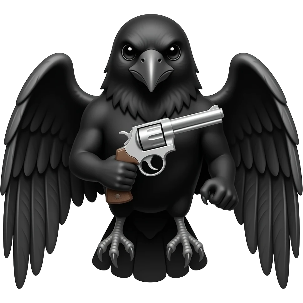чёрнобелая голова вороны без тела с лапками и с револьвером в крыльях emoji