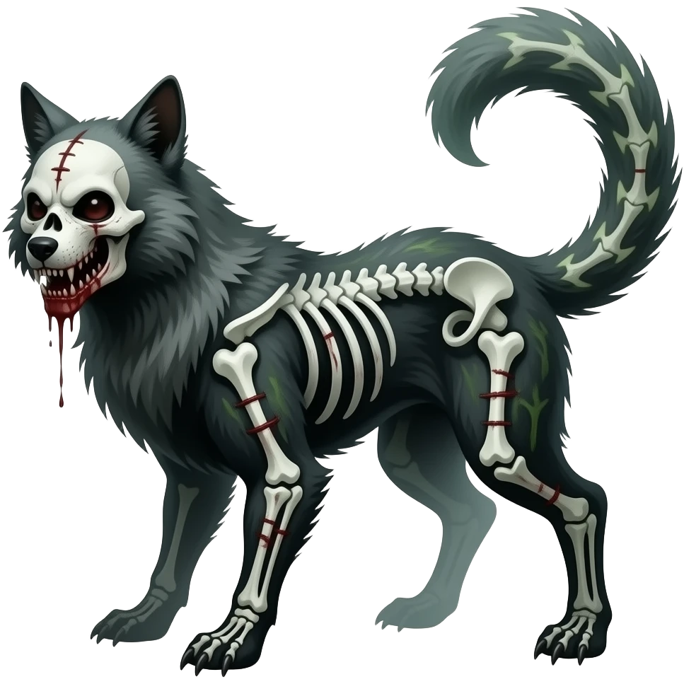 Bloody gory spectral spooky dark bleak blackish swampy white-skeletal gloomy ghostly dark greyish dark-deep-greenish foggy eldritch beautiful realistic edgy fantasy ghoul-like stitched vernid-sergal-fursona animal creature with a tufted tail full body with intricate markings emoji