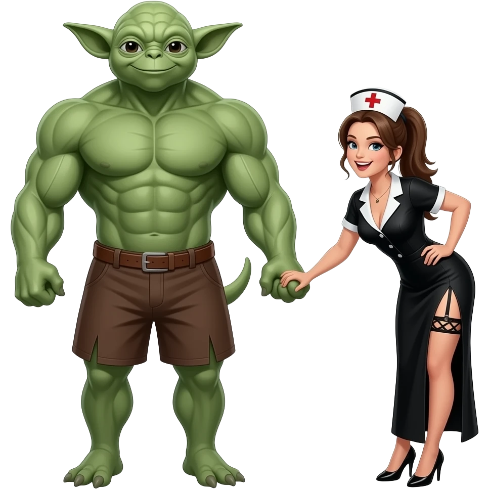 Llama in the background, 6 foot tall muscular  Yoda standing and holding hands  immediately behind a pony  tailed nurse smiling with open mouth, wearing a garter belt, long black dress.Nurse  has DD breasts slit down side of dress , she is bending over looking back at Yoda seductively emoji