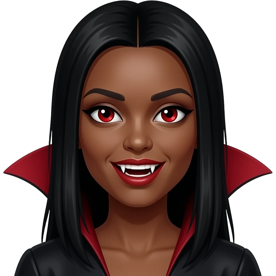 faça uma vampira mulher de pele negra com o cabelo preto e medio olhos vermelhos e dentes afiados mostrando emoji
