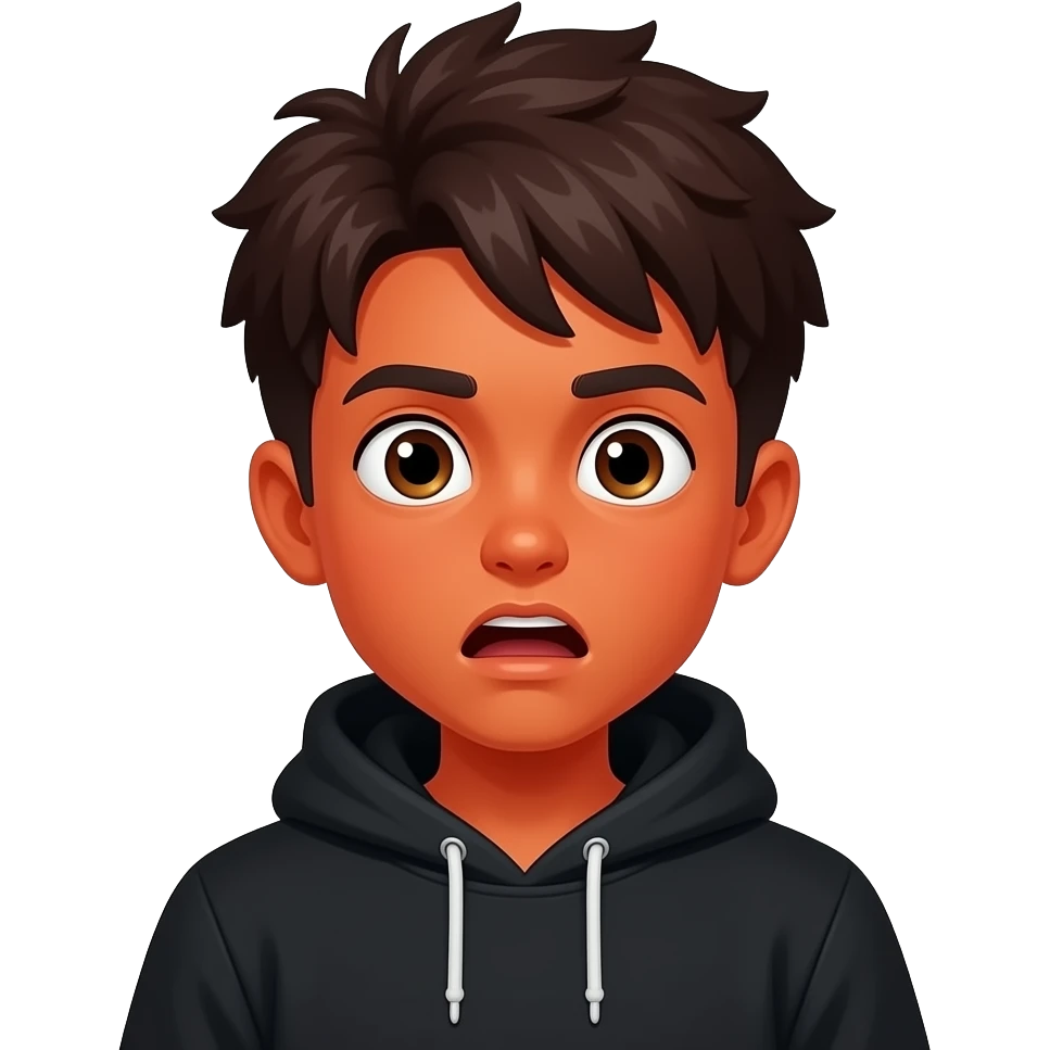 Same 3D emoji boy, red-orange skin, dark flame hair, black hoodie, shocked face emoji