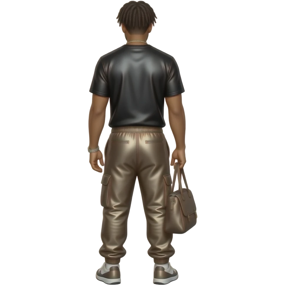 Drake from behind with black metallic t-shirt, dark beige metallic baggy joggers emoji