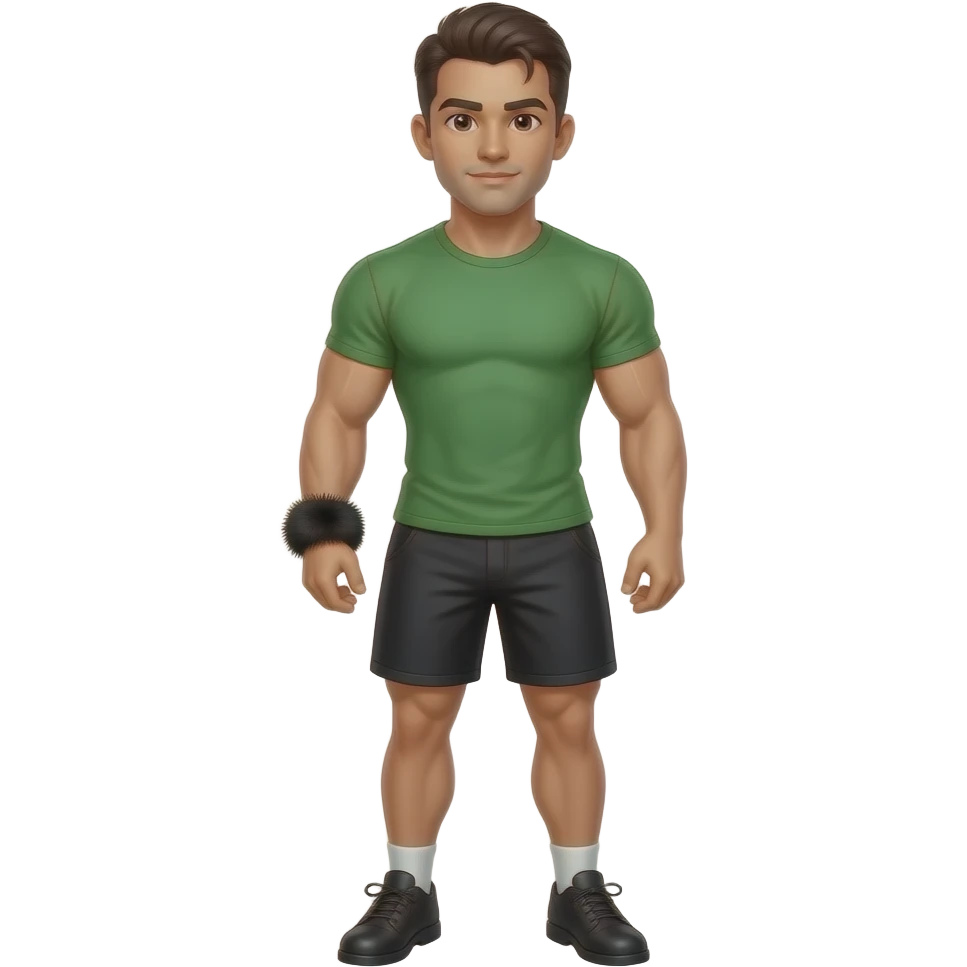 muscular jock with dark brown hair, combed back, wearing a green t-shirt, black shorts, black shoes and a bracelet made of black fur emoji