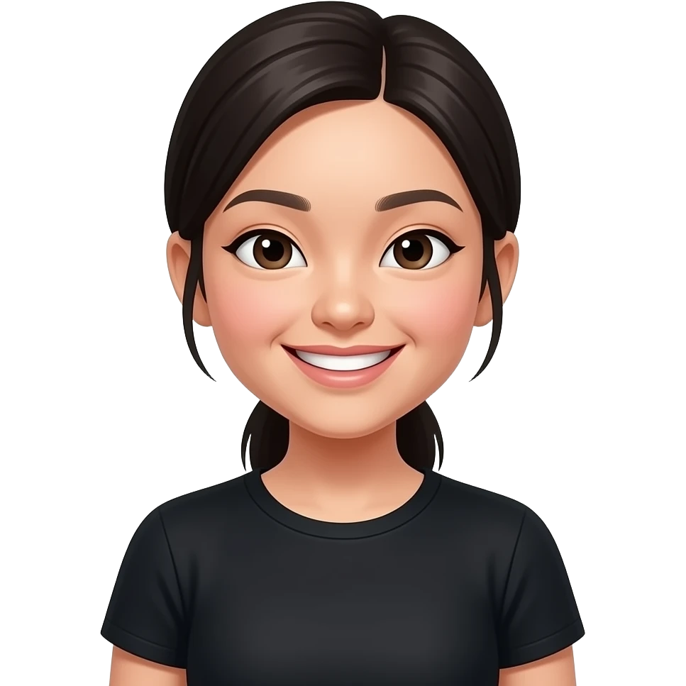 pretty dark haired asian girl with big smile and squinty tiny eyes in black tshirt with hair pulled back emoji