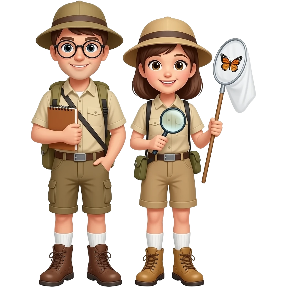 pareja mixta de exploradores con gorra, libreta, lupa y cazamariposas. camisa y  pantalon corto beige, botas de montaña y calcetines altos blancos emoji