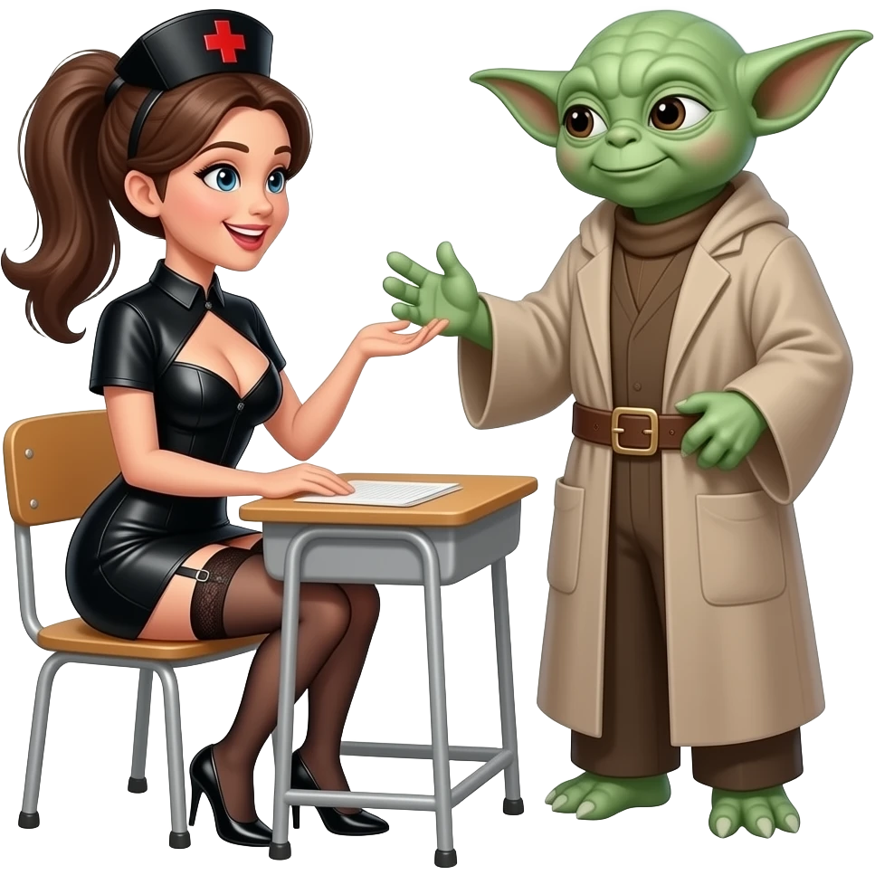 Pony tailed nurse with all black skimpy outfit,garter belt and very large breasts, wearing a tight small, low cut black leather skirt, smiling with open mouth, sitting at school desk, facing a tall Yoda dressed as a tutor, holding one hand with Yoda, other hand in Yoda belt emoji